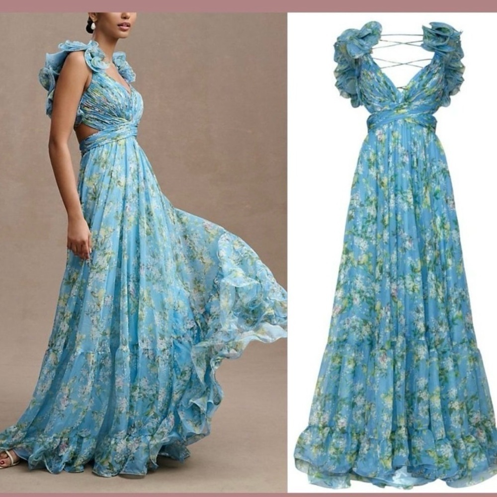 Mac Duggal 67803 Blue Floral Ruffle Tiered Gown Prom Pageant Formal Womens 4